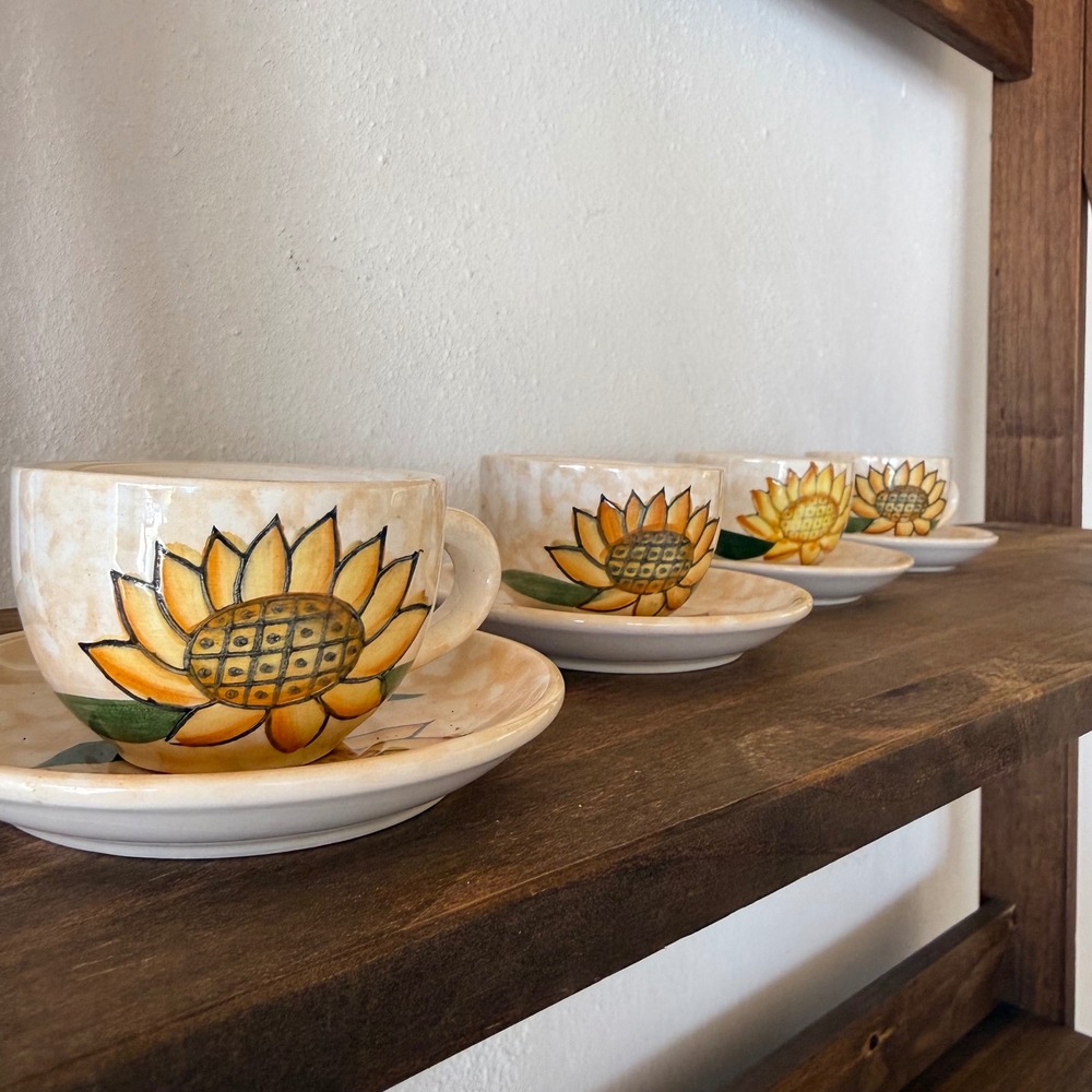 Set of 4 Vintage Hand Painted Sunflower Espresso Cups & Saucers
